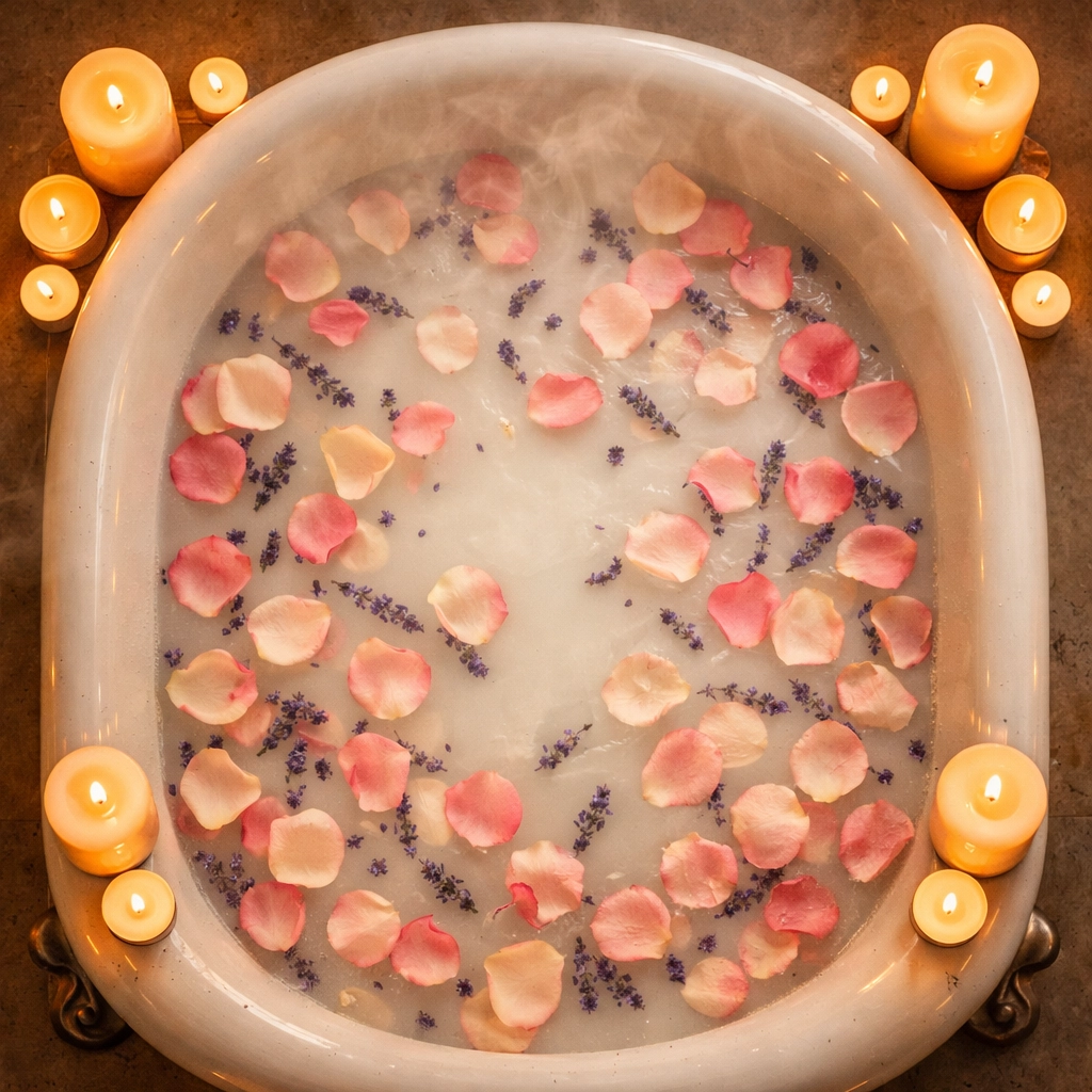 Ritual bath with rose petals, lavender, and candles for healing and emotional release