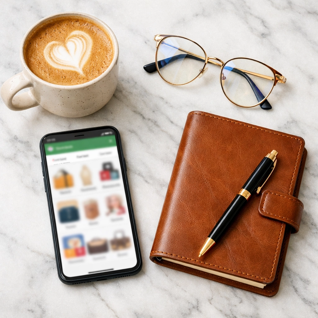 Modern business flat lay with smartphone and notebook, illustrating a simple shop and share income model.