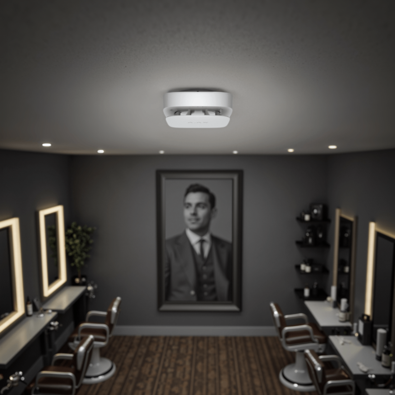 A commercial salon interior featuring a ceiling-mounted smoke detector