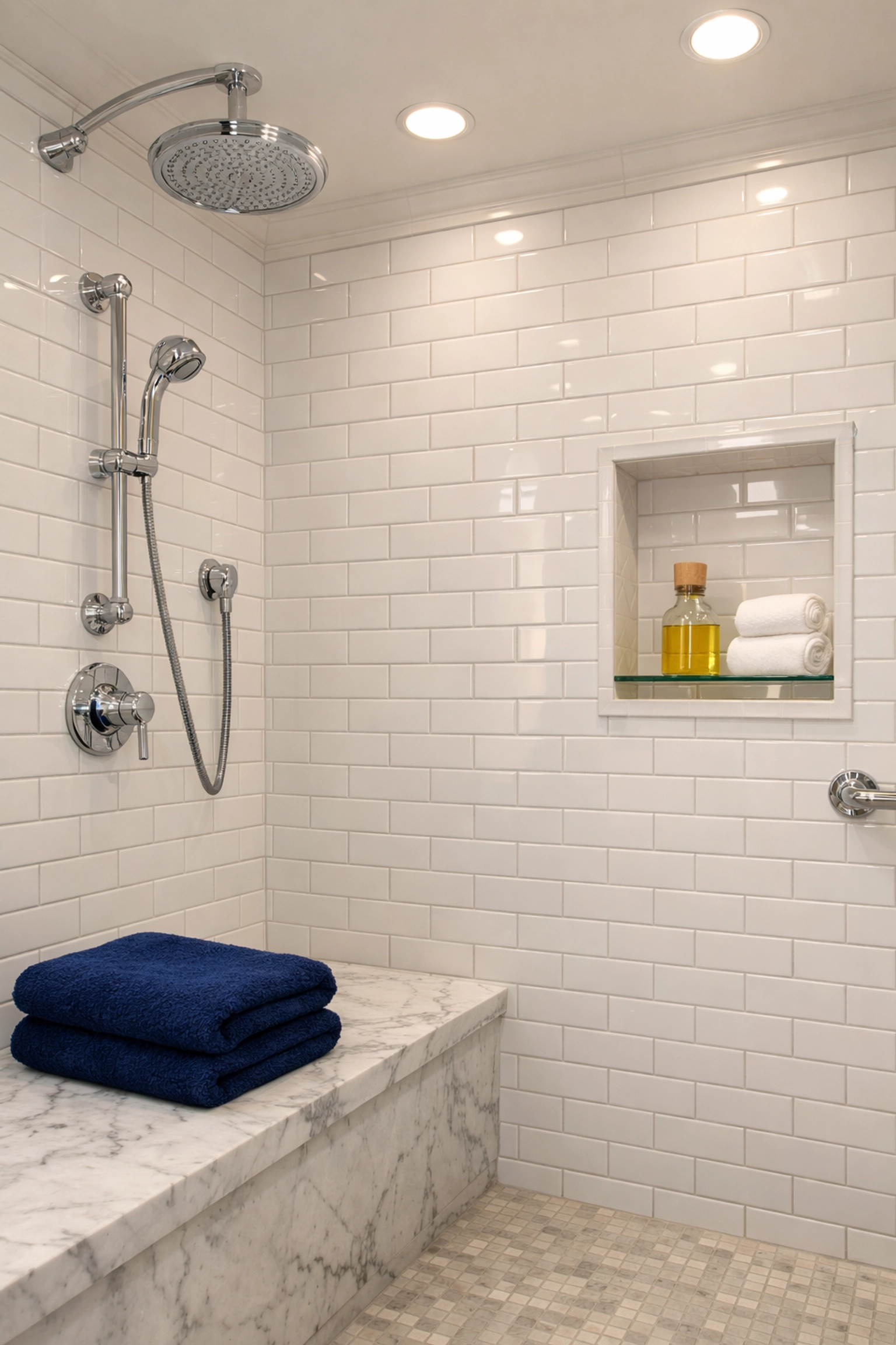 Clean bathroom tile and grout in a Lunenburg residence after a bi-weekly professional maintenance visit.