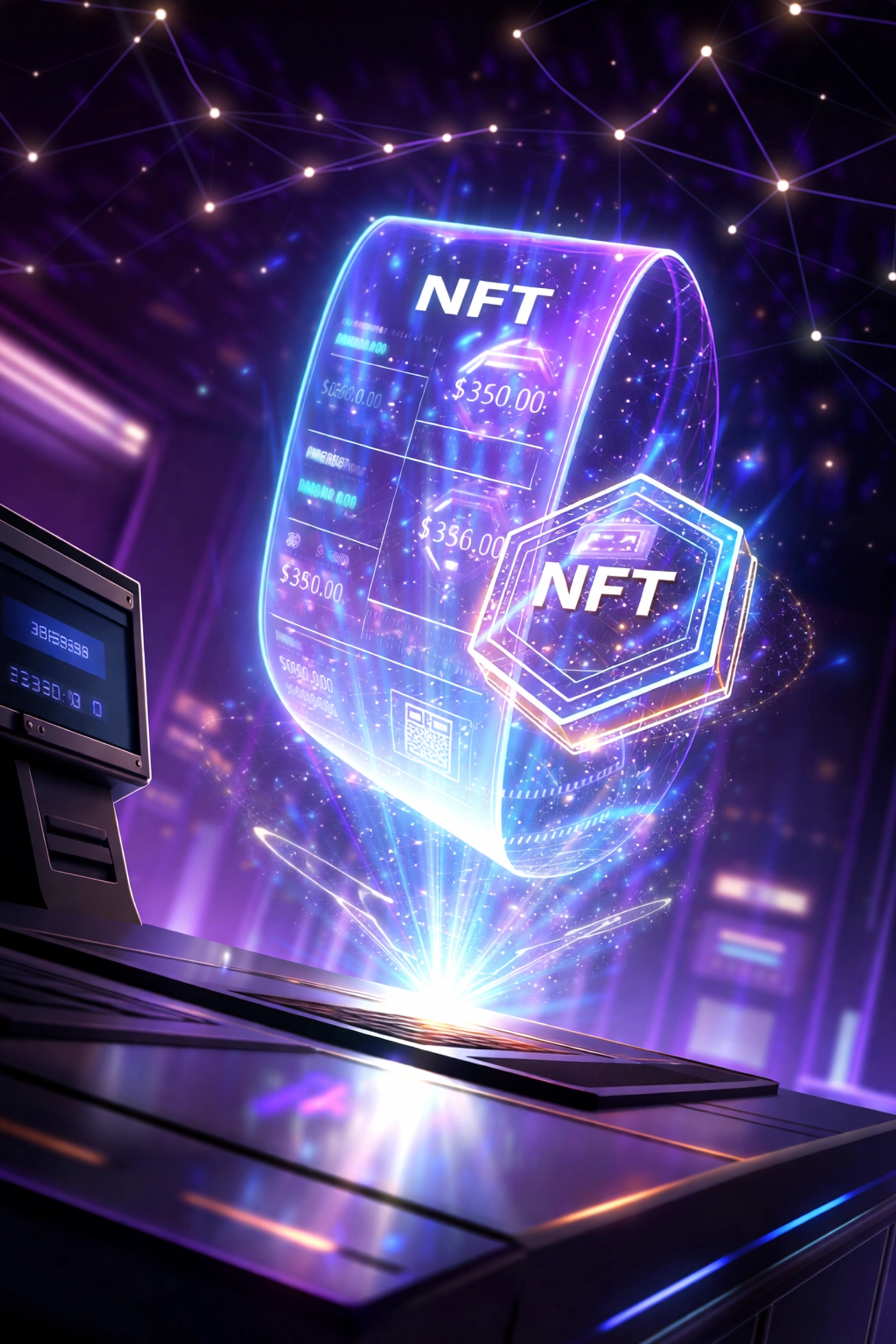 Digital receipt transforming into an NFT token for blockchain payments at a merchant counter, highlighting Web3 transaction security and NFT receipts.