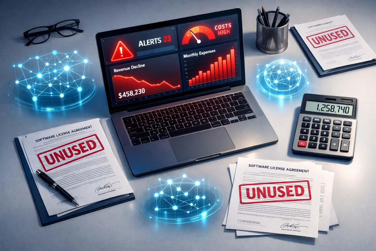 ServiceNow ITAM dashboard showing unused software licenses and cost reduction analytics