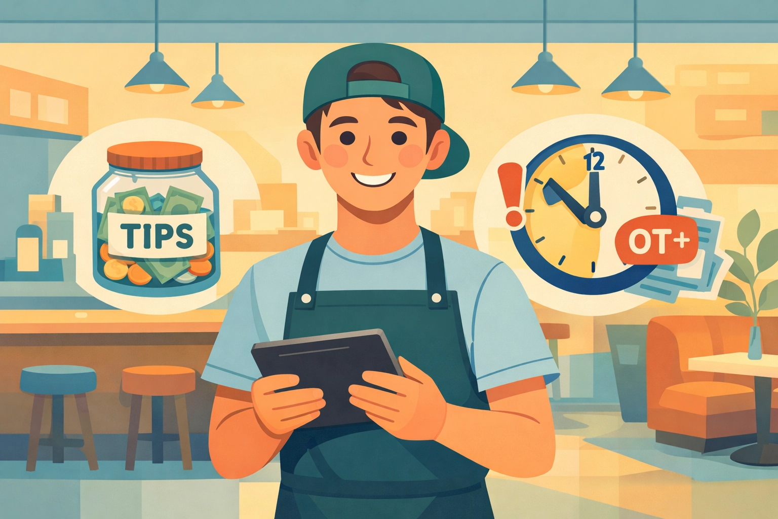 Restaurant server tracking tip income and overtime hours for 2025 tax deductions