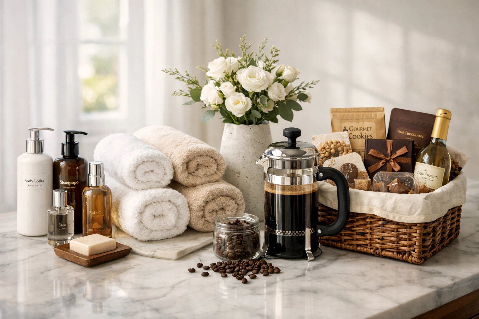 Premium amenities and welcome basket at high-end vacation rental property