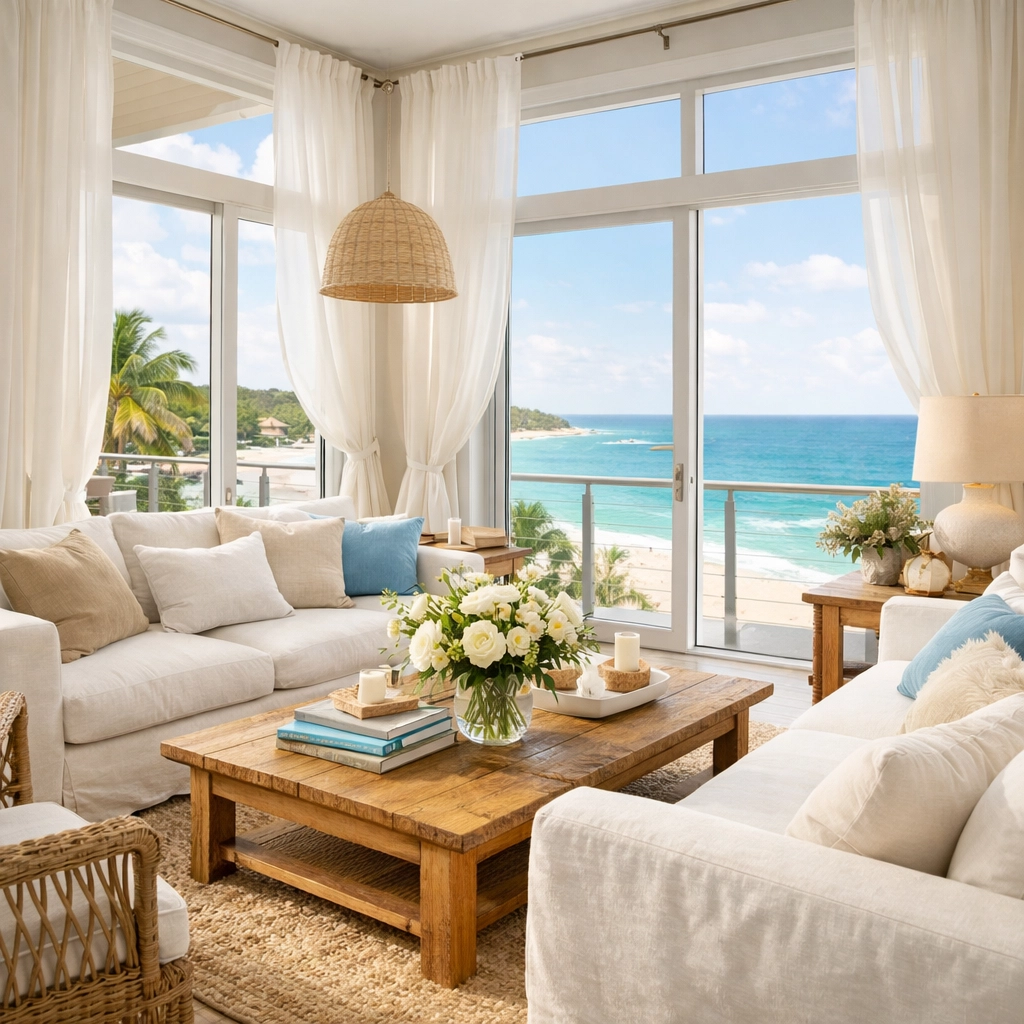 High-end vacation rental interior with ocean views and coastal decor in luxury beach house