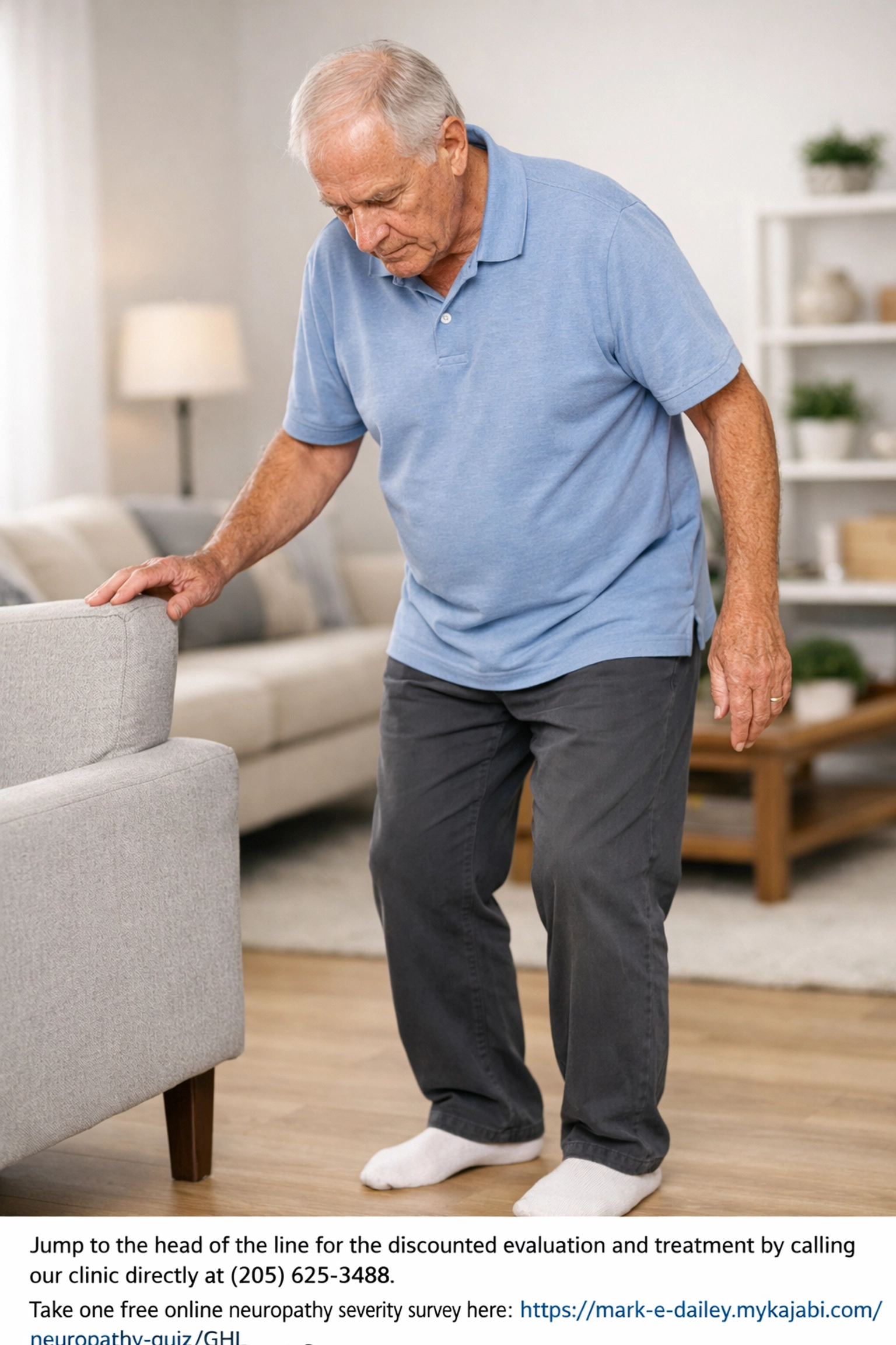 Senior man experiencing balance trouble and sensory loss from peripheral neuropathy in a home setting.