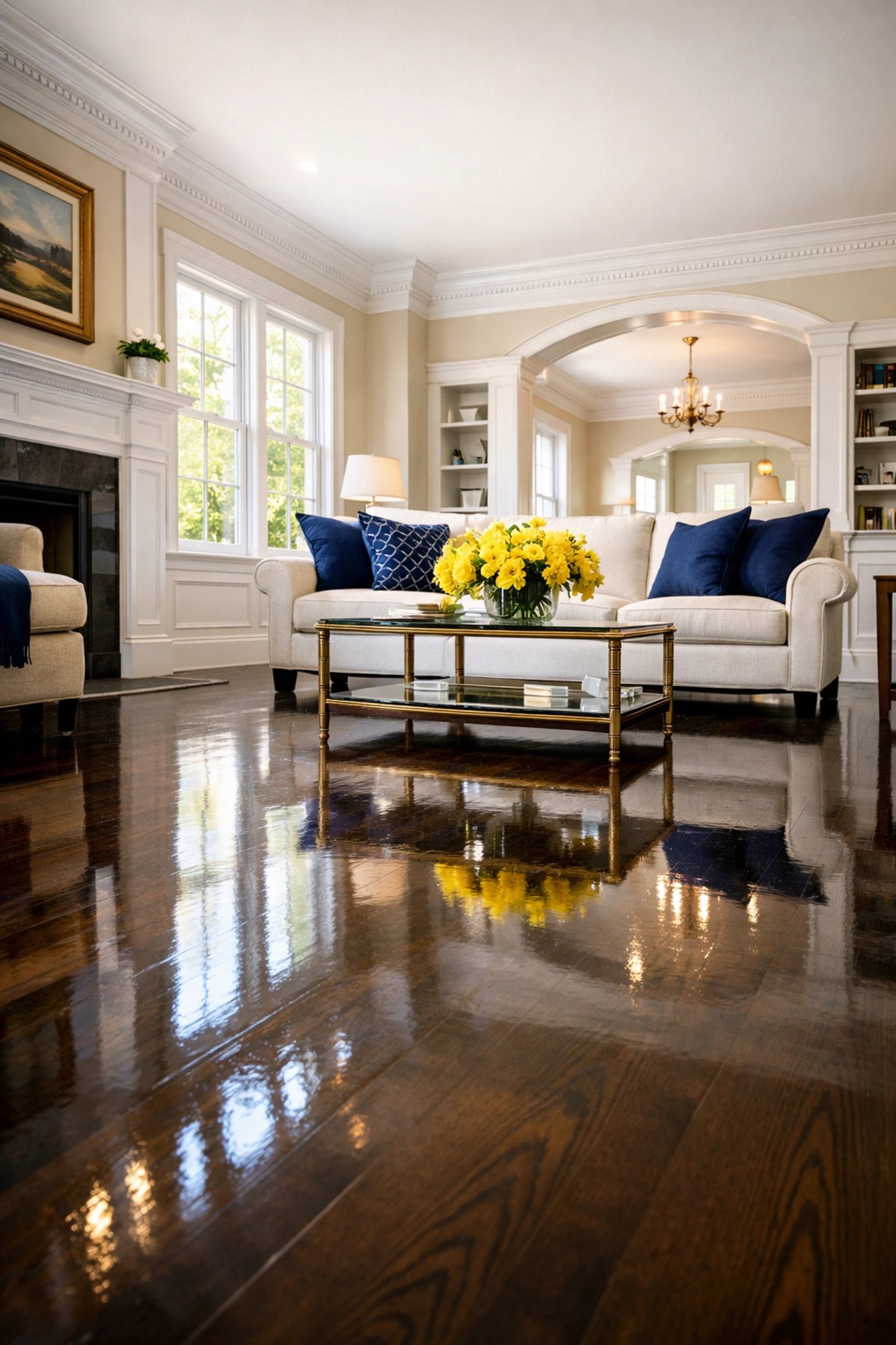 Polished hardwood floors and clean white trim in a Groton home after professional deep house cleaning.