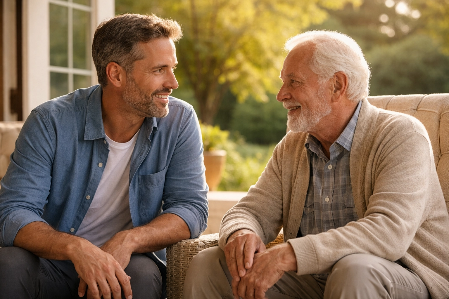 Adult son and elderly father sharing a supportive conversation about funeral planning and financial protection.