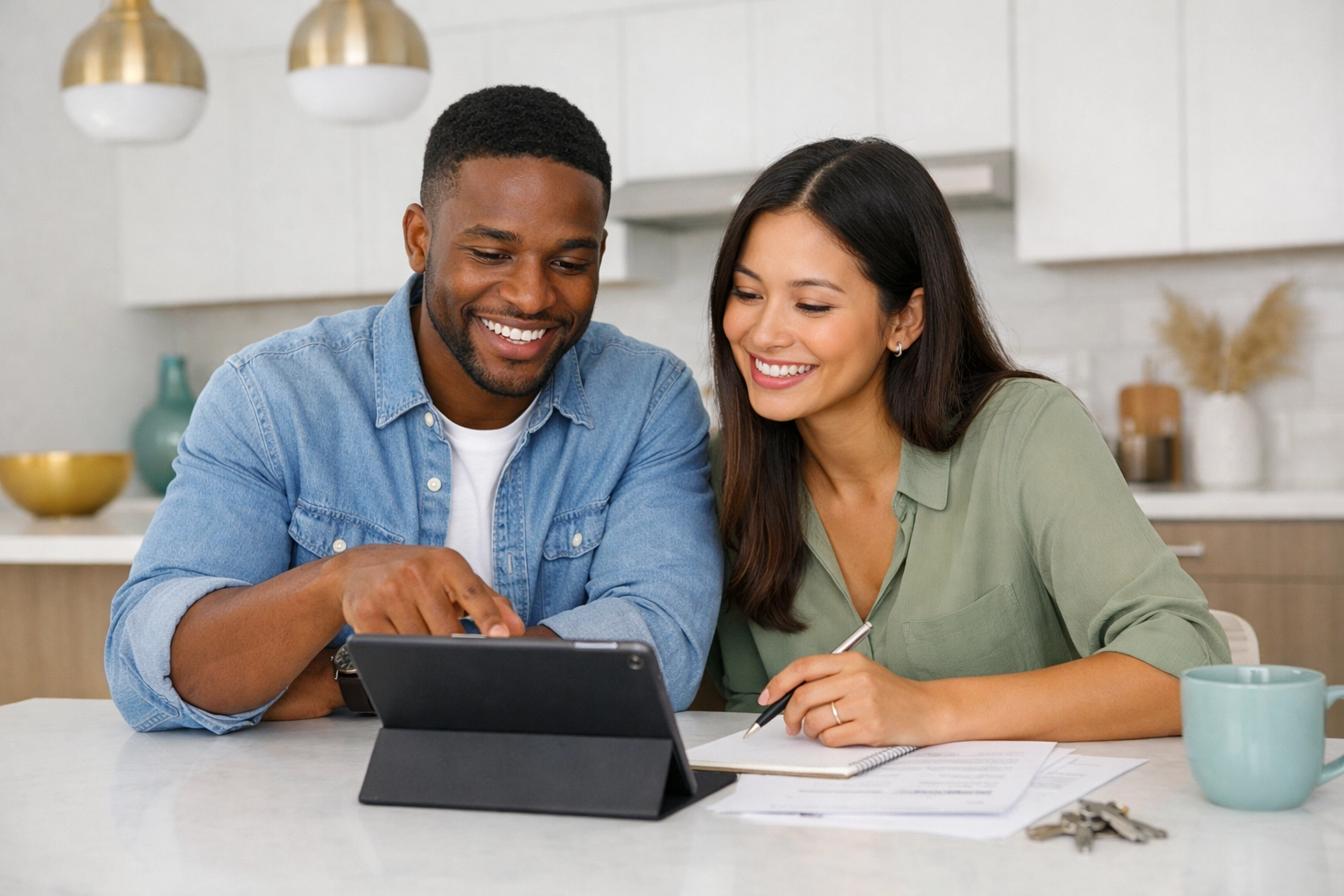 Happy diverse young professional couple discussing a real estate plan in a bright, modern home | 600x400 Happy diverse young professional couple discussing a real estate plan in a bright, modern home | 600x400