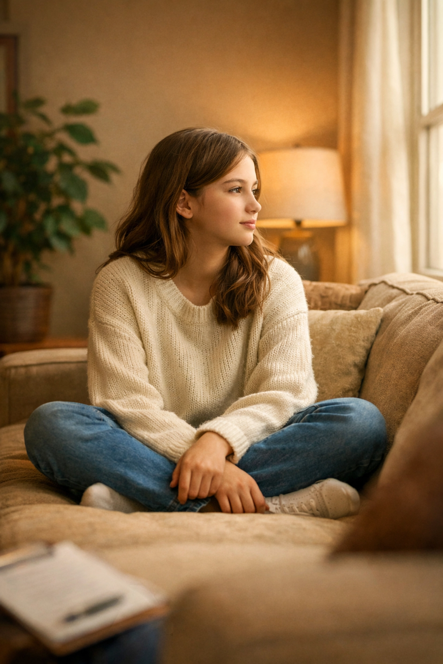 Teen sitting thoughtfully in therapy office during counseling session