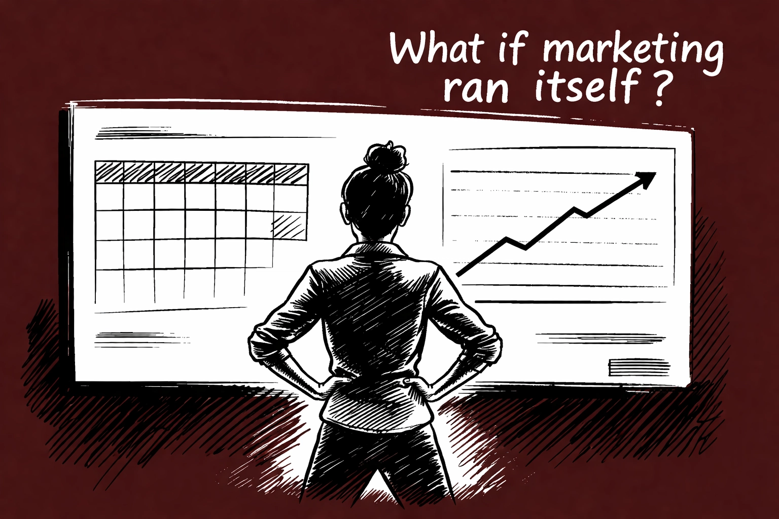 Confident creator standing by a dashboard with upward graph, highlighting automated marketing success.