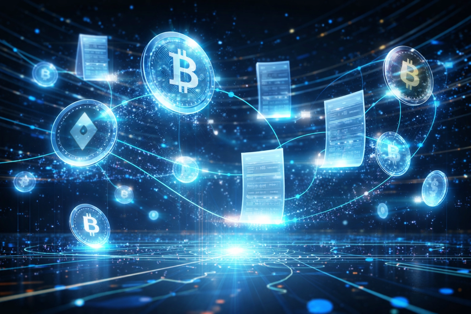 Digital coins and crypto tokens connected by glowing paths, showcasing Larecoin NFT receipts and blockchain payment verification.