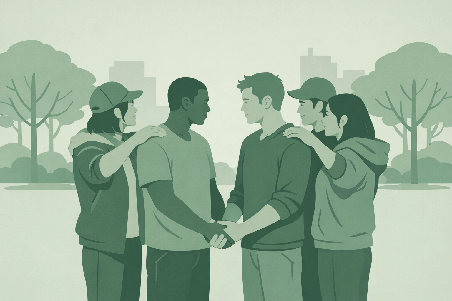 LGBTQ+ friends forming protective circle around male couple holding hands in park