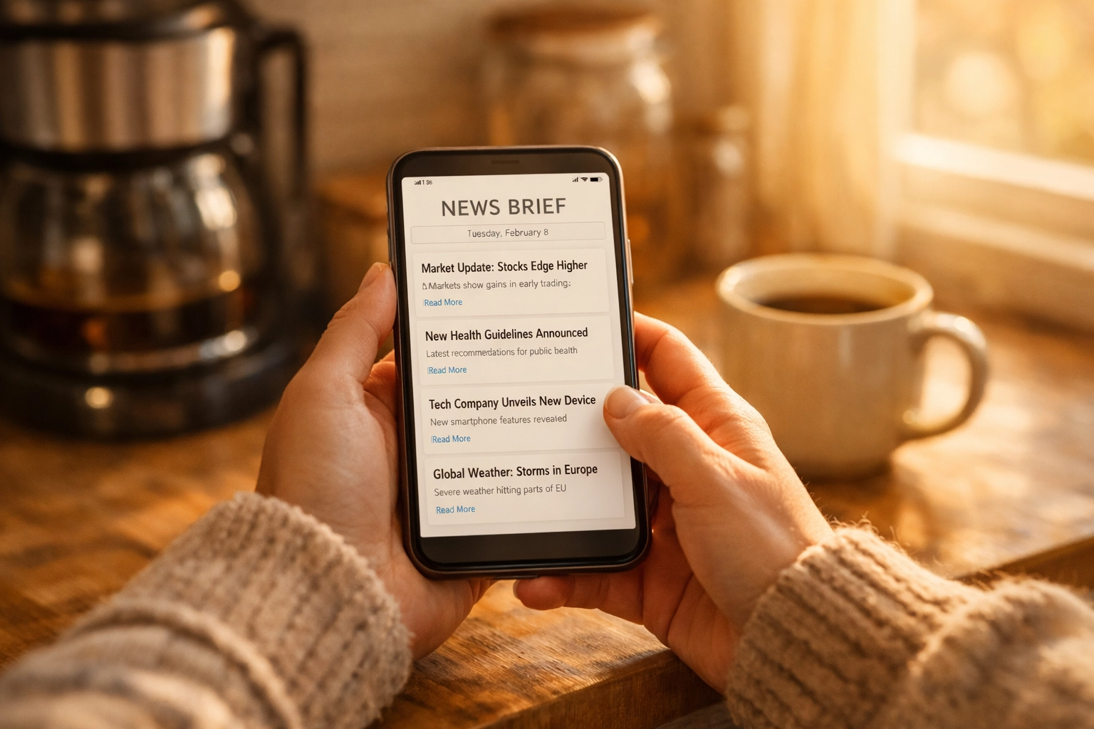 Person reading morning news brief on smartphone during breakfast routine