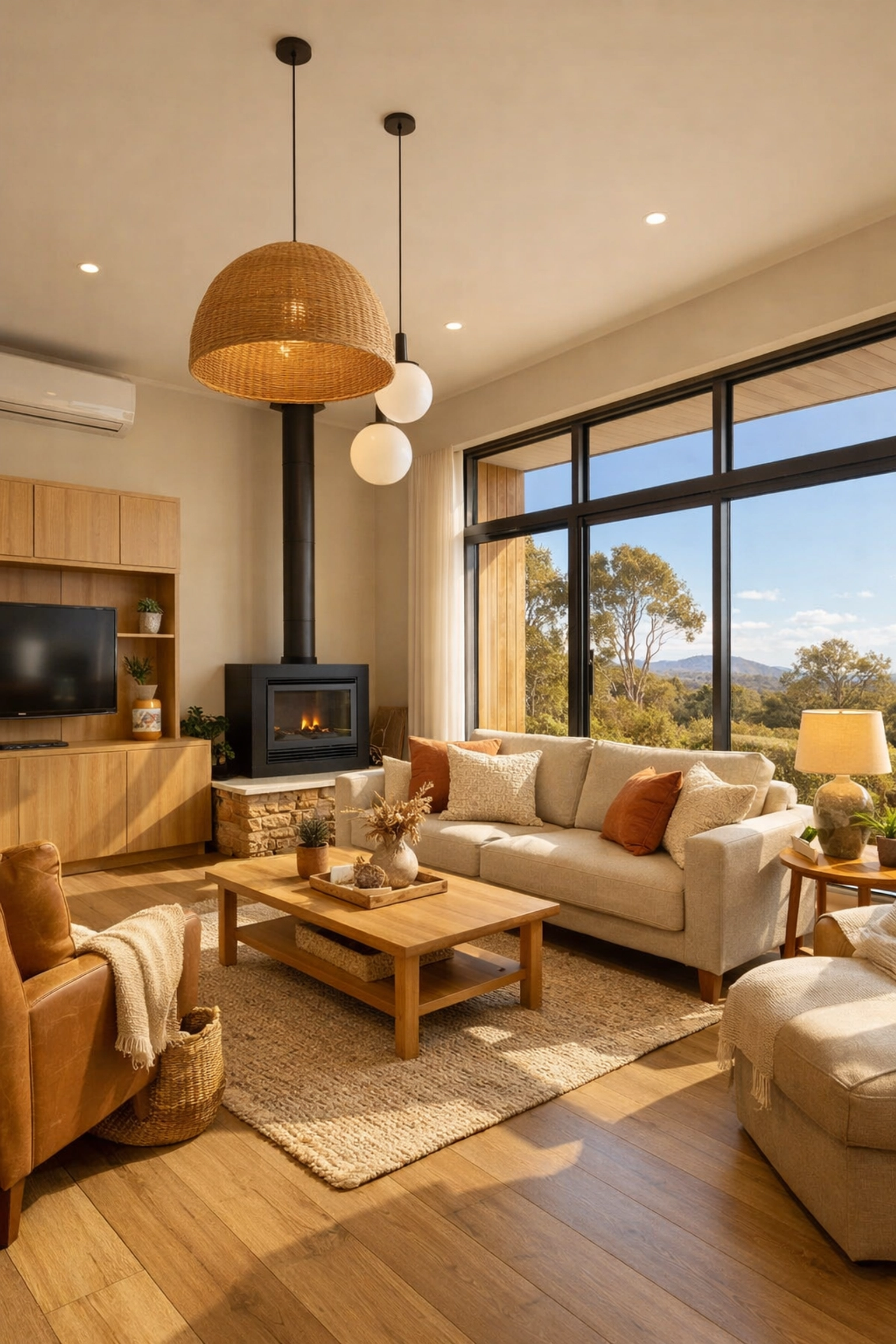 Modern modular home interior with full-height double-glazed windows and high ceilings