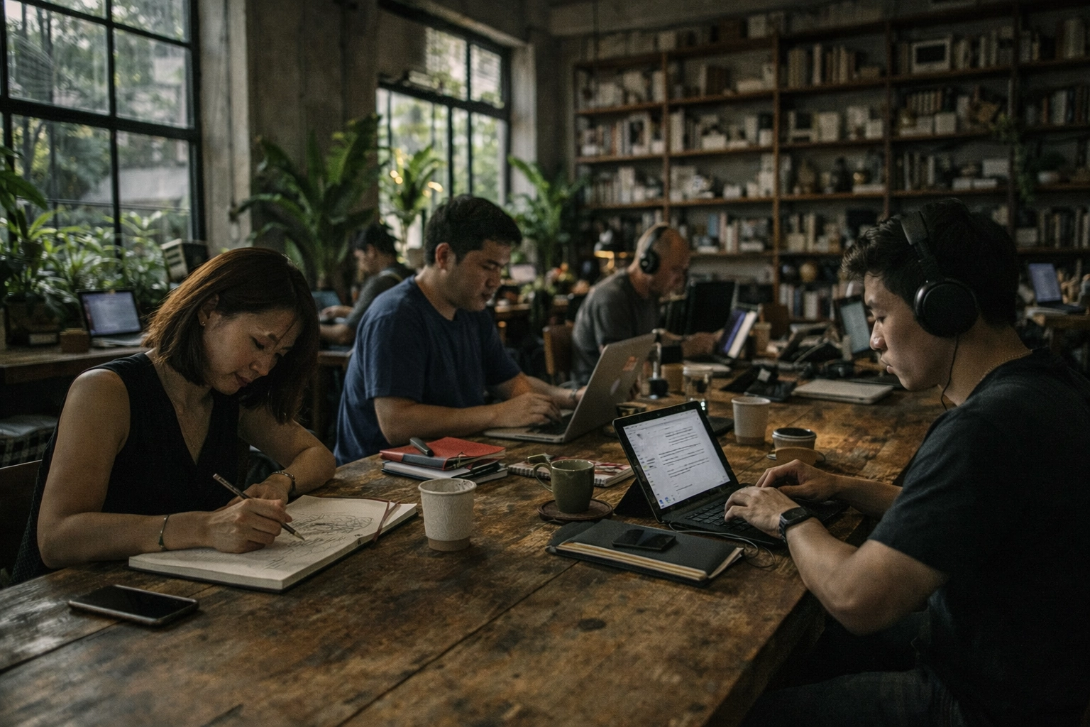 Creative solo-preneurs working in an industrial-style community hub in Thonglor, Bangkok.