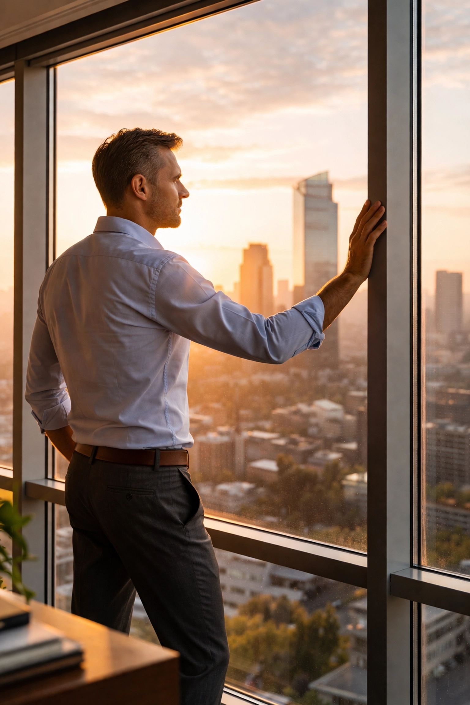 Business leader reflecting by office window, contemplating purpose and self-discovery