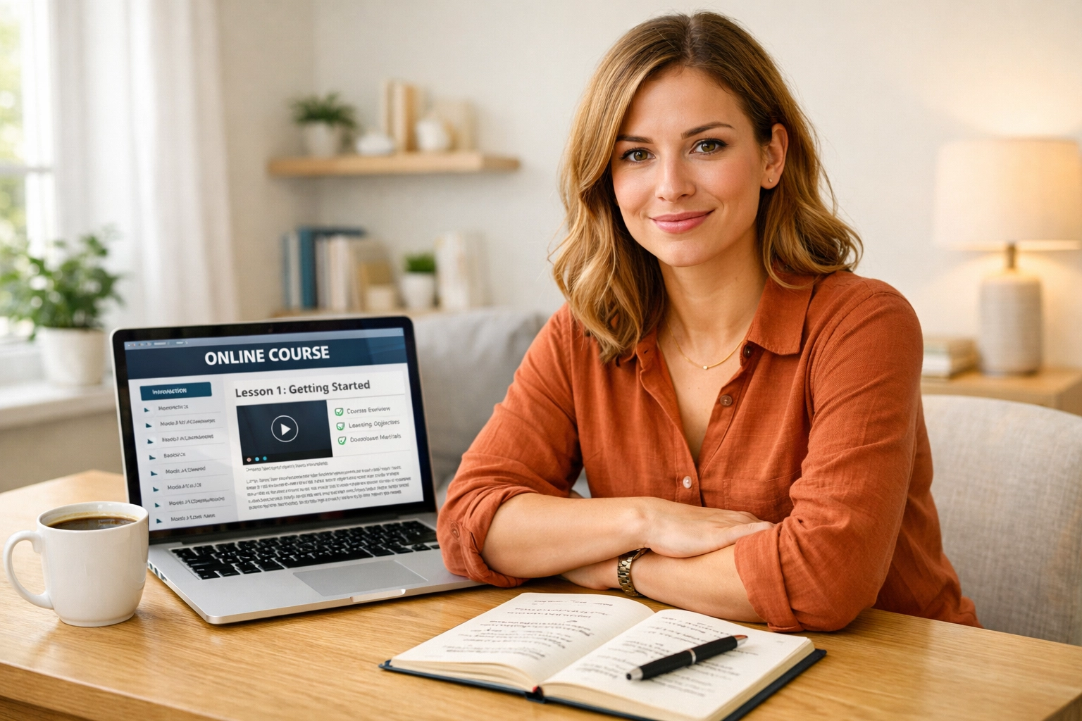 Student confidently studying for CLEP exam with organized online course materials and notes