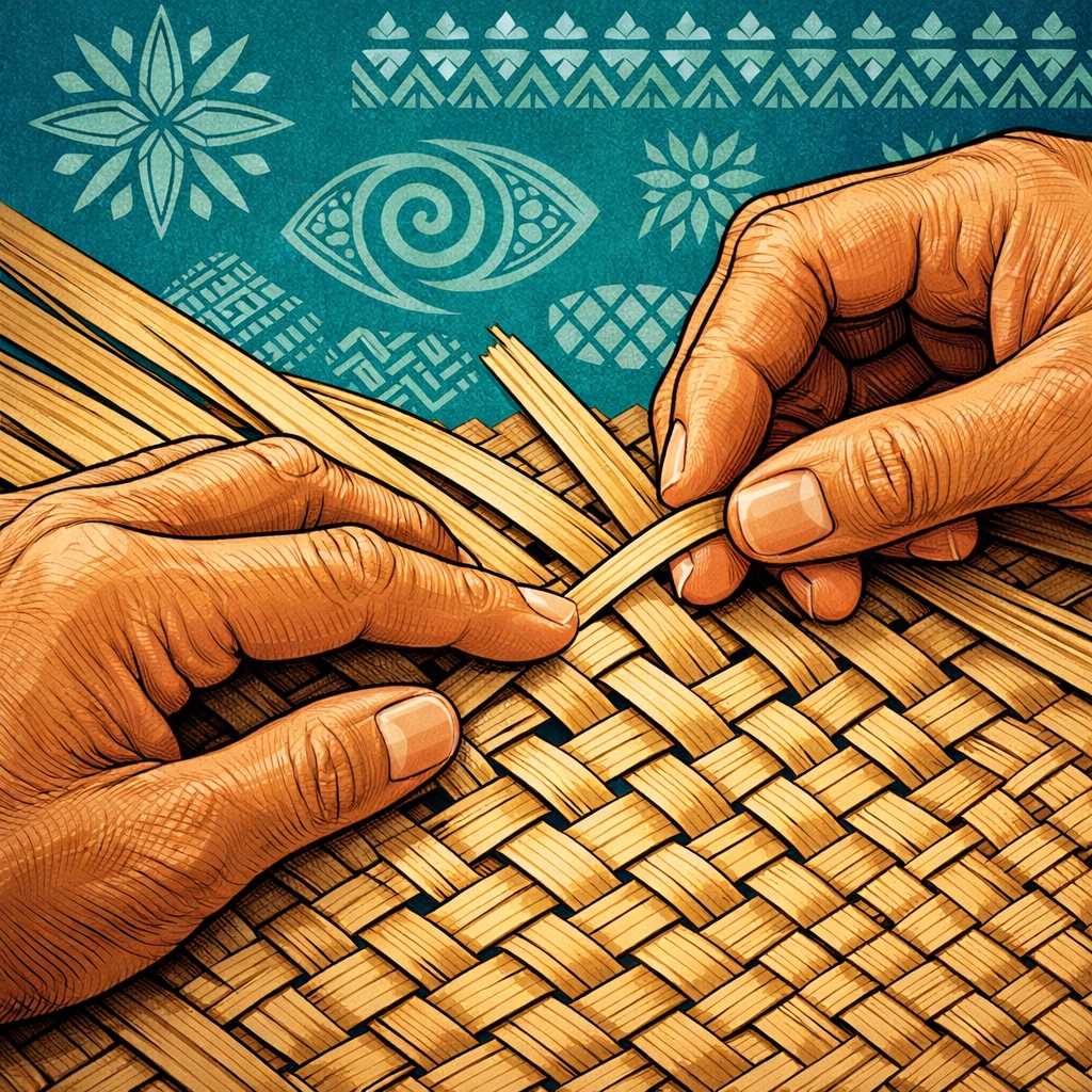 Skilled hands weaving a traditional fine mat using ancient Pacific Islander techniques.