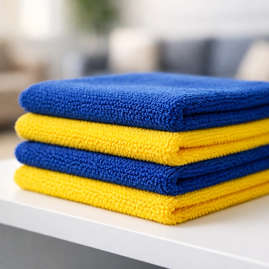Professional microfiber cloths in blue and yellow used for detailed house cleaning Framingham MA.