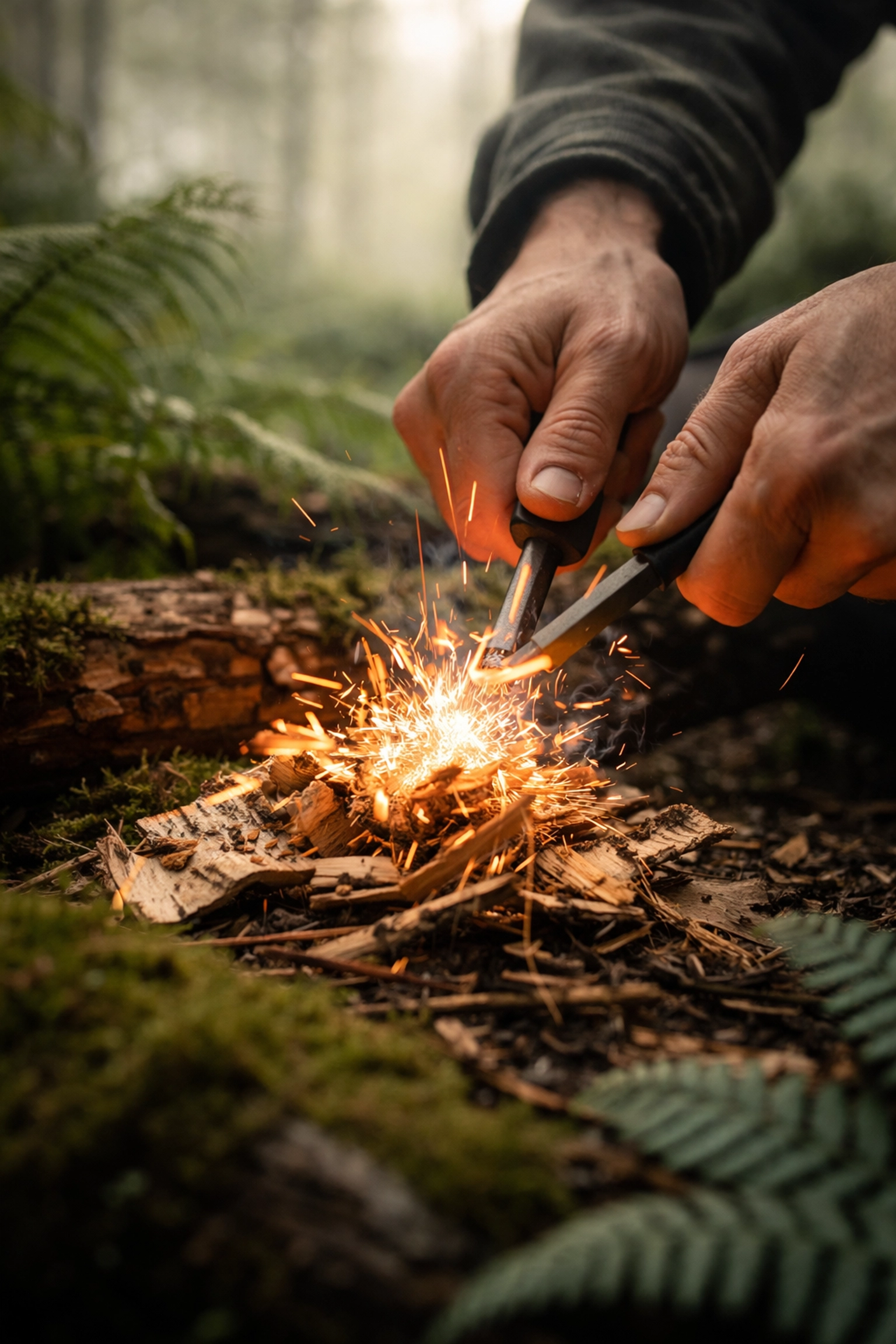 Hands lighting a campfire with a ferro rod and birch bark in a lush UK forest, essential for UK survival skills