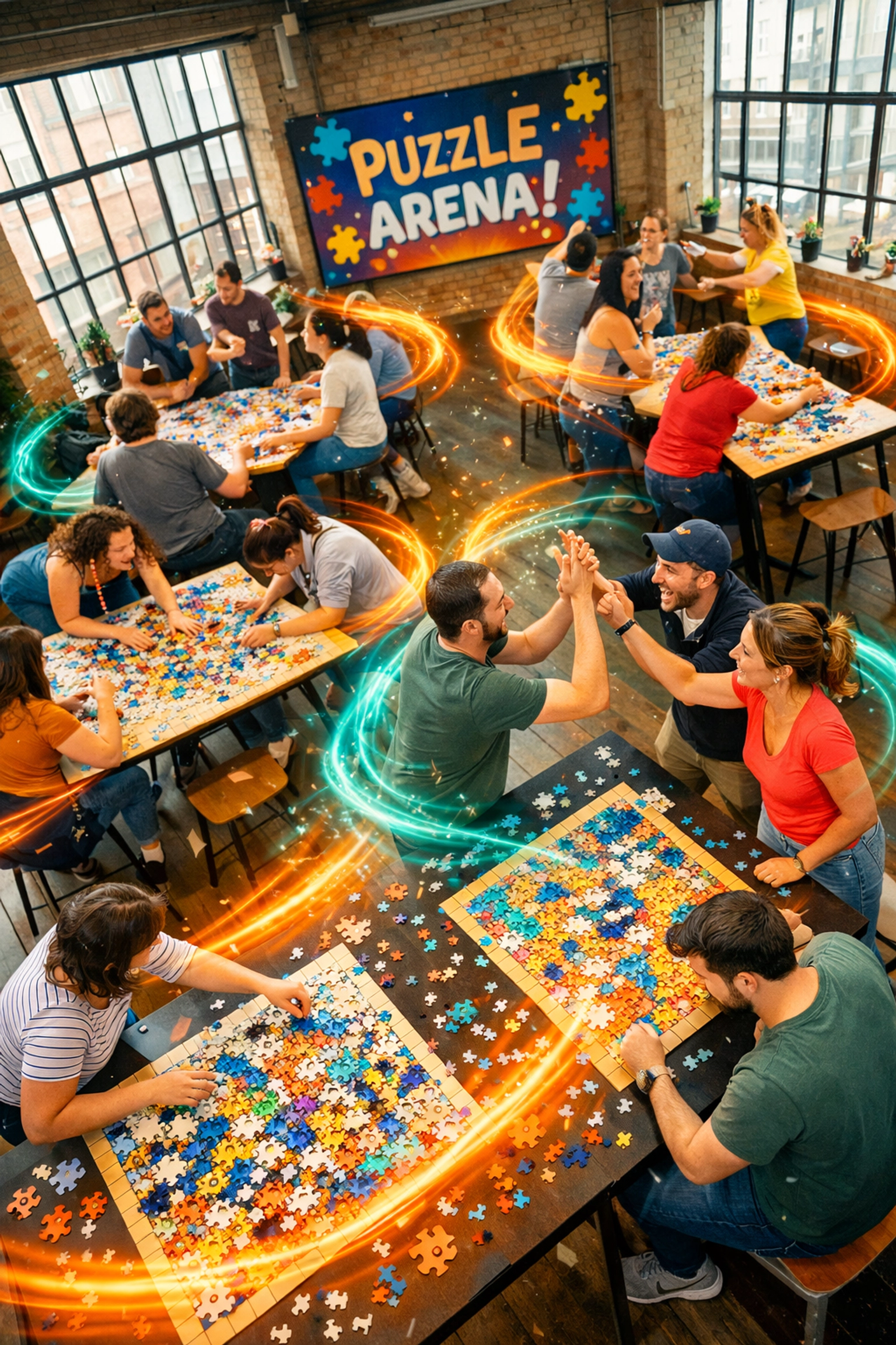 A high-energy jigsaw puzzle arena event with multiple teams competing in a bright, modern venue.