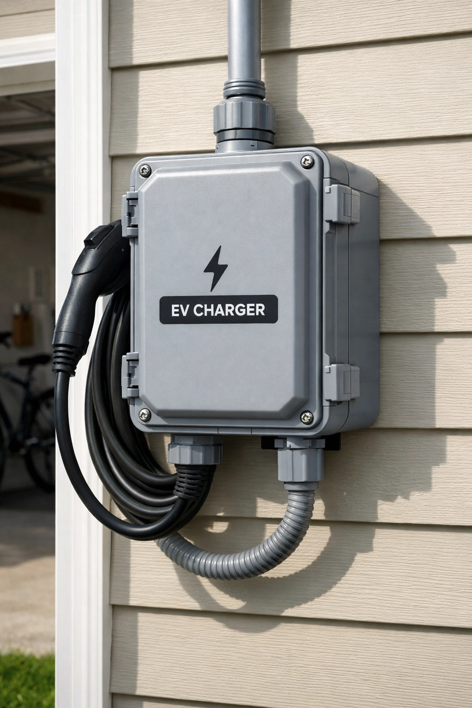 Weatherproof outdoor EV charger enclosure mounted on exterior garage wall in Atlanta