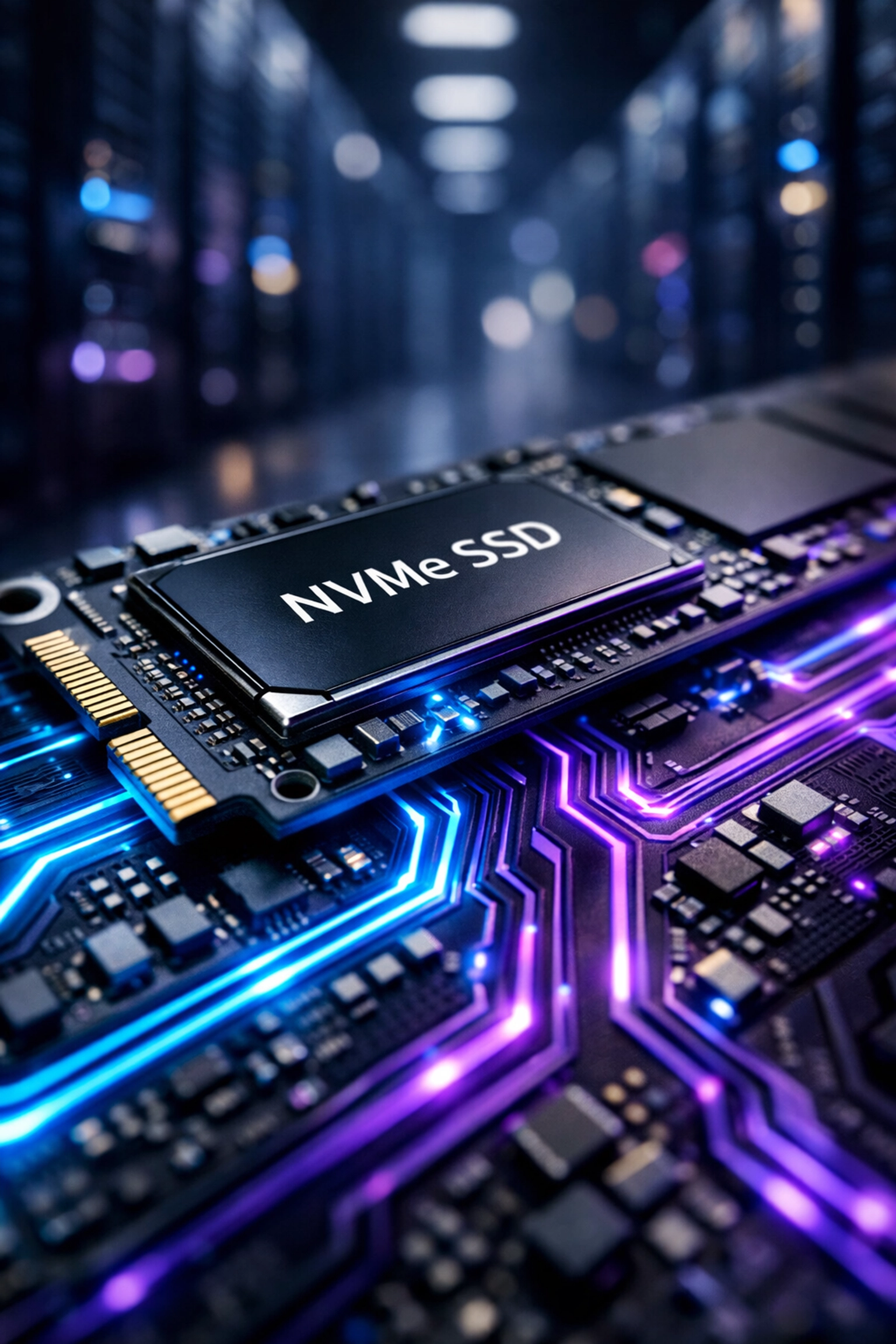 High-performance NVMe SSD circuit board in a data center for faster Managed WordPress Hosting speeds.
