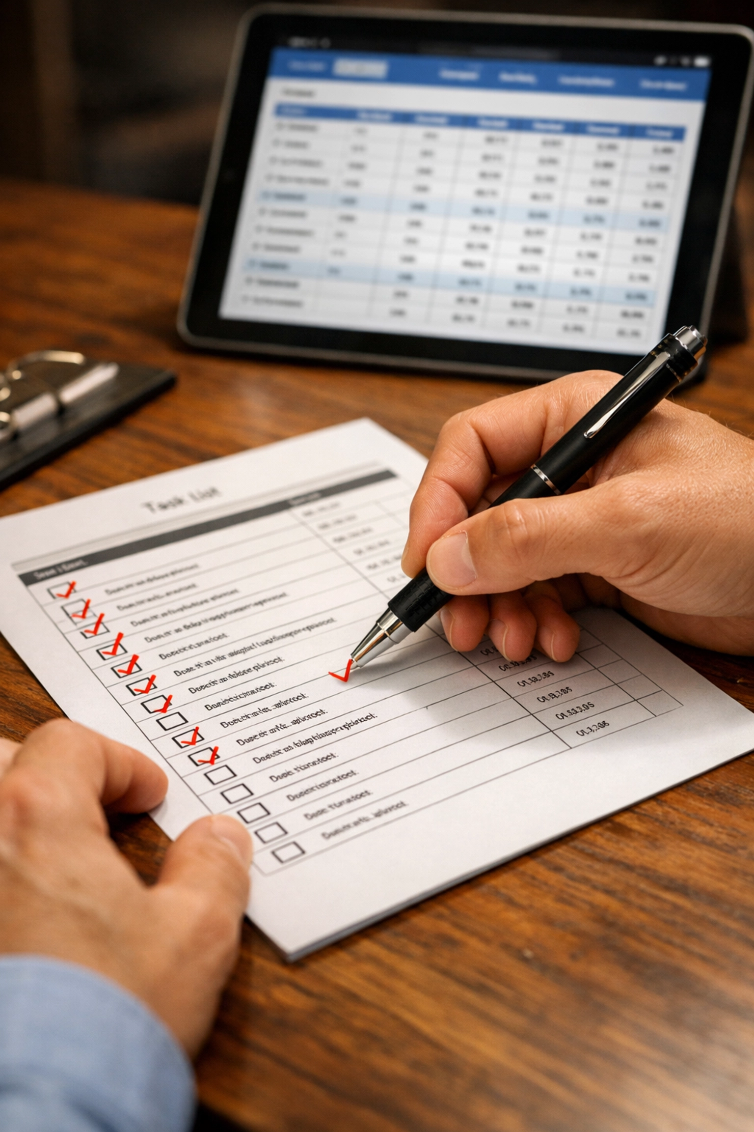 Close-up of hands completing a property damage reporting checklist to ensure insurance policy compliance.