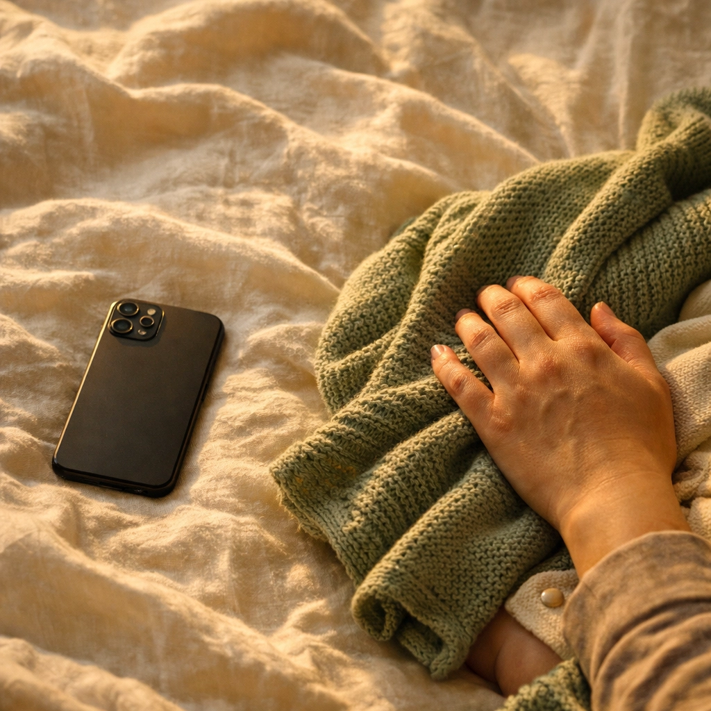A smartphone placed face-down on a bed beside a soft baby blanket, representing a shift to responsive feeding.