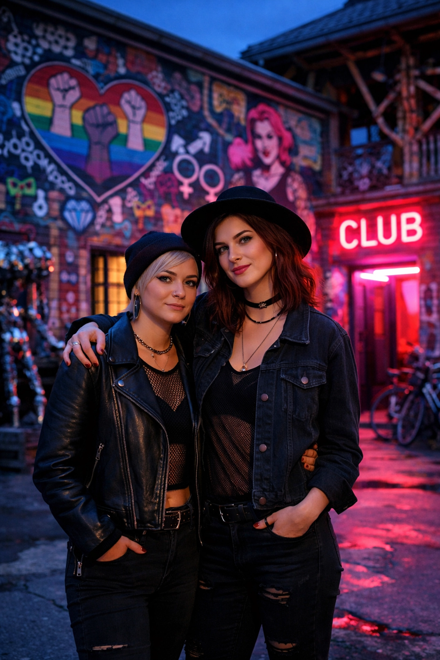 Lesbian couple standing in the colorful Metelkova art squat, a famous queer safe space in Ljubljana.