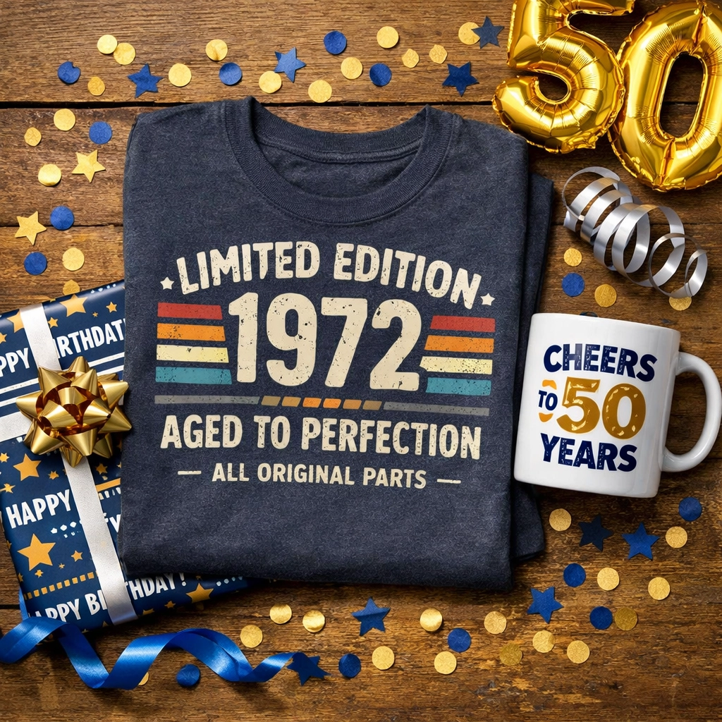 50th birthday gift bundle with novelty t-shirt, mug, and wrapping on wooden table