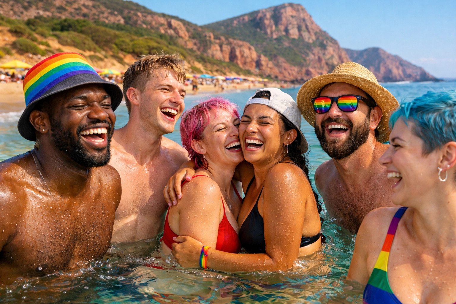 LGBTQ+ travelers enjoying Porto Ferro naturist beach Sardinia Mediterranean Sea