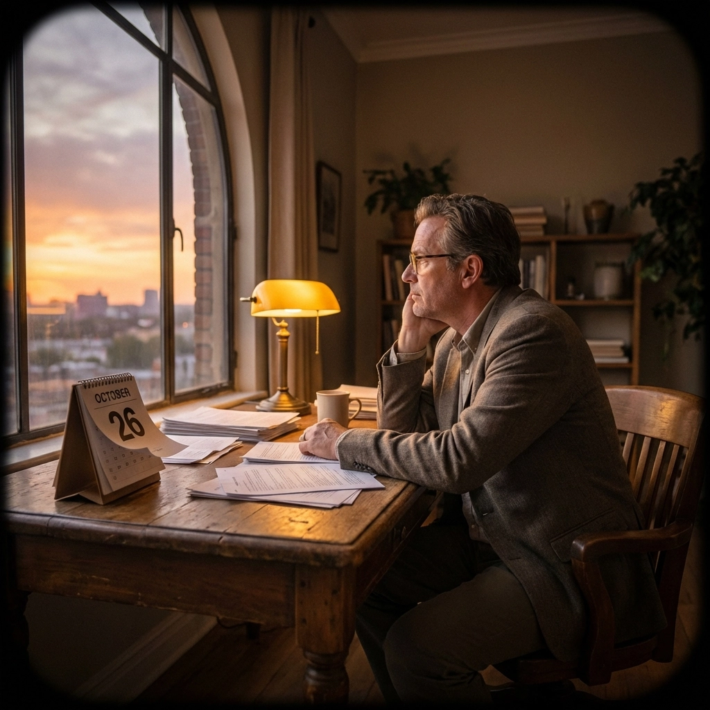 Business owner planning MSP exit, reflecting at desk with calendar, highlighting timely exit strategy decisions