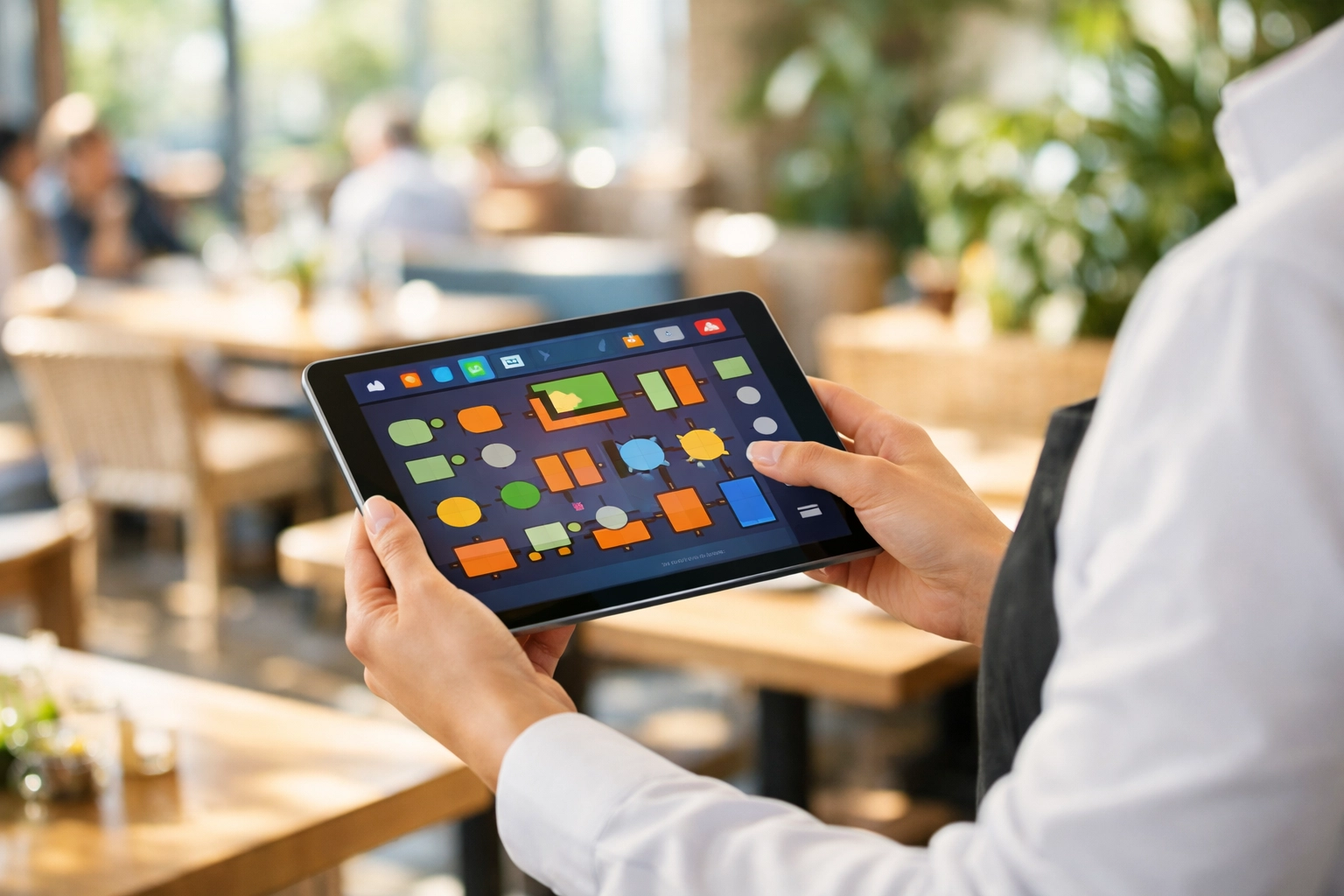 A server managing a digital floor plan on a tablet-based restaurant epos system in a modern bistro.