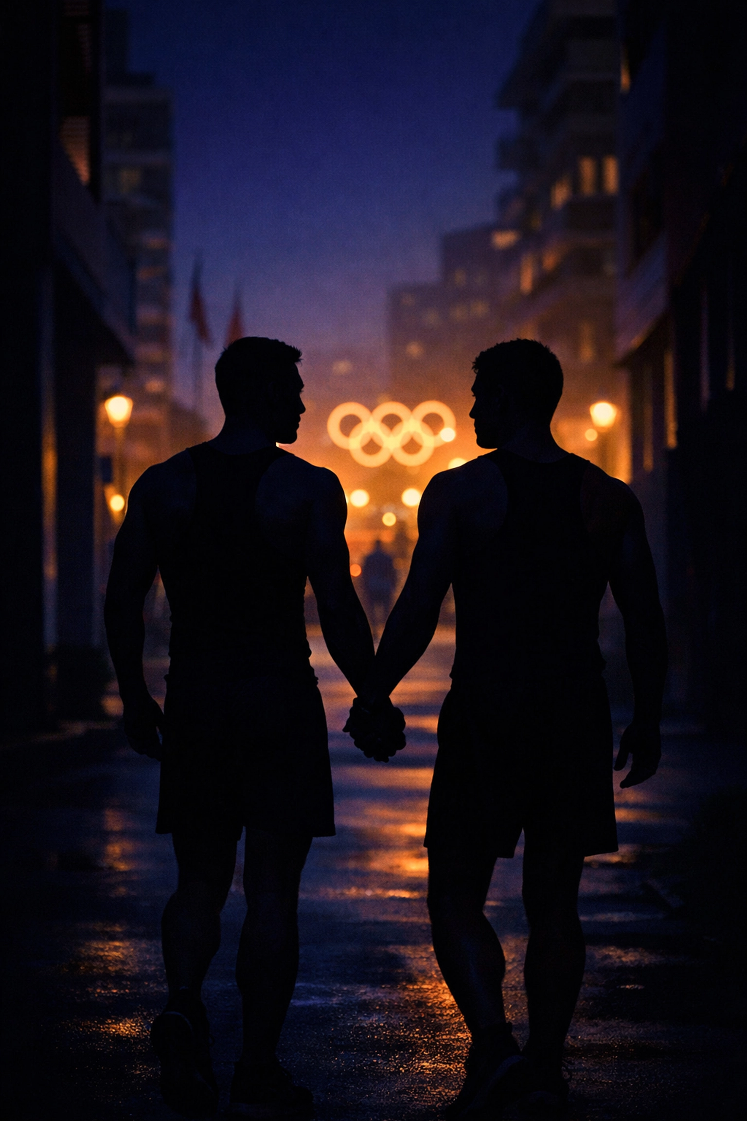 Gay athletes holding hands secretly in Olympic Village shadows at night