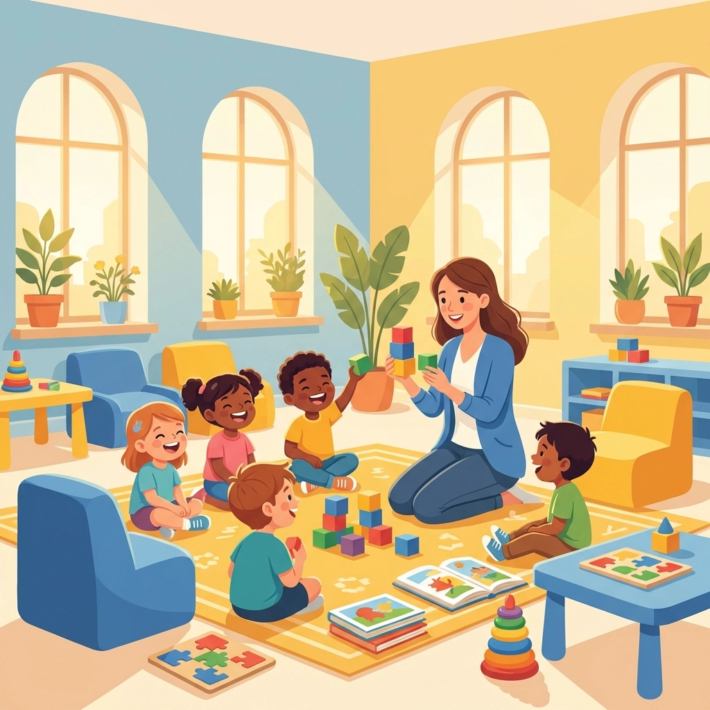 Terapeuta certificada en ABA interactuando con niños diversos en un aula colorida, destacando la importancia del RBT en español.