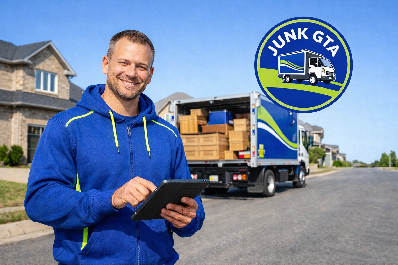 Junk GTA owner Roman K providing a professional junk removal quote on a residential driveway in Bradford.