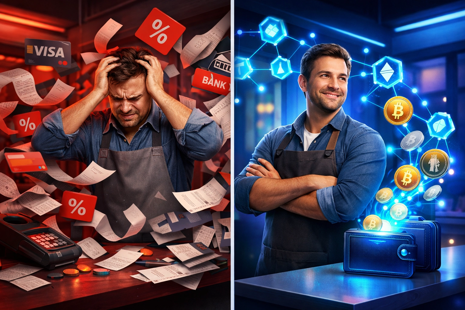 Small business merchant comparing traditional payment fees versus crypto blockchain payments
