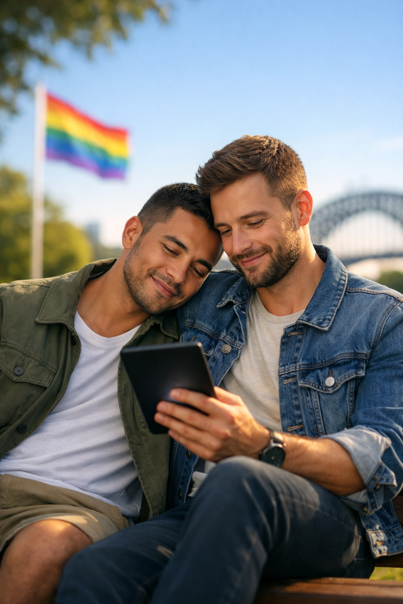 A modern gay couple enjoys reading LGBTQ+ fiction on an e-reader in a sunlit Sydney park.