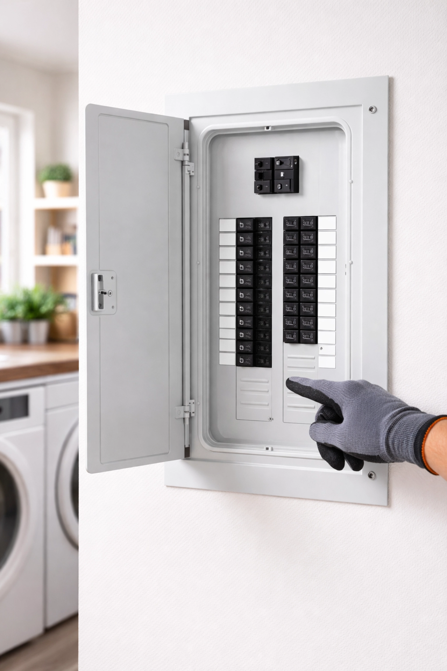 Open electrical panel with free breaker slots, highlighting panel capacity checks for new systems