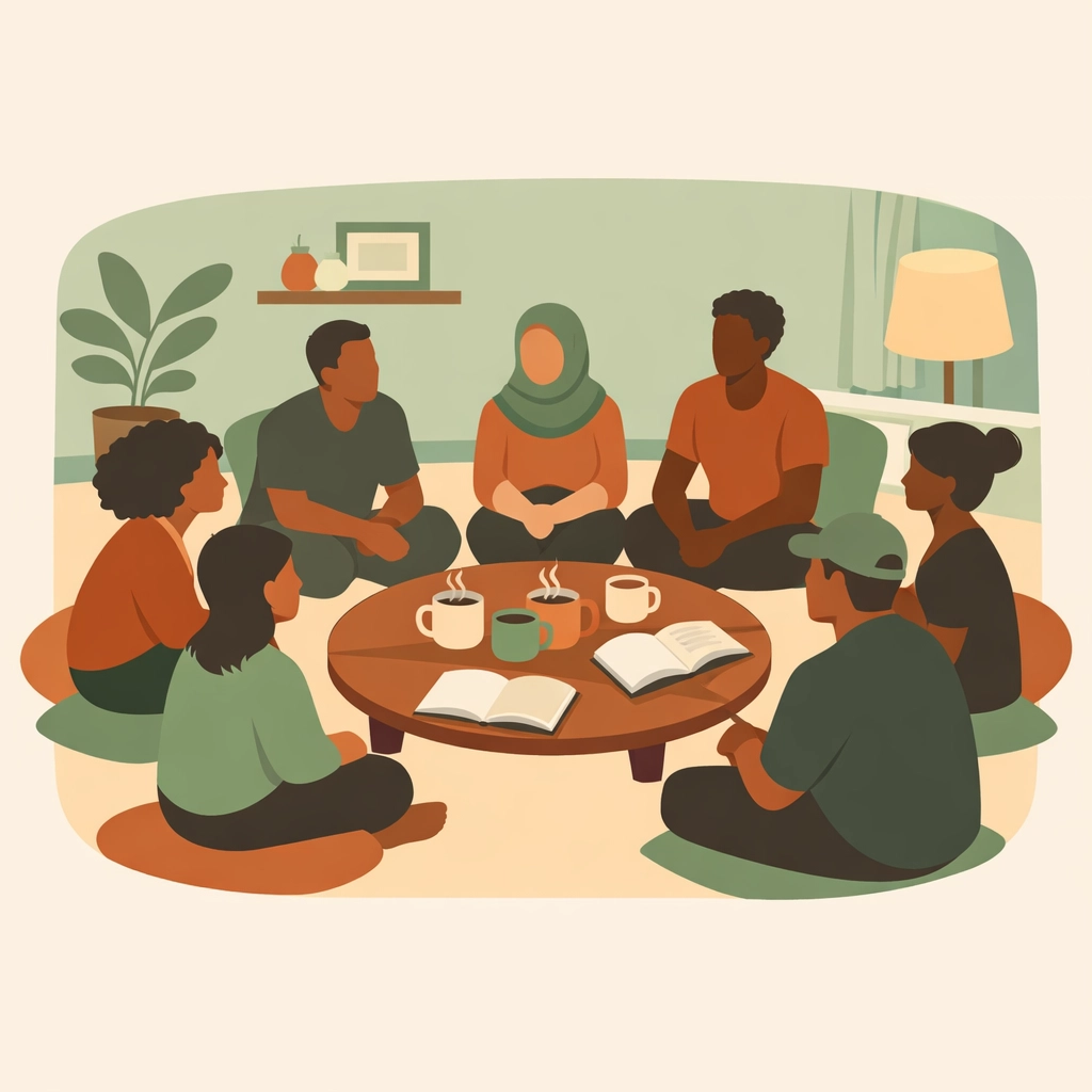 Small group gathering in circle with coffee and books for church community building