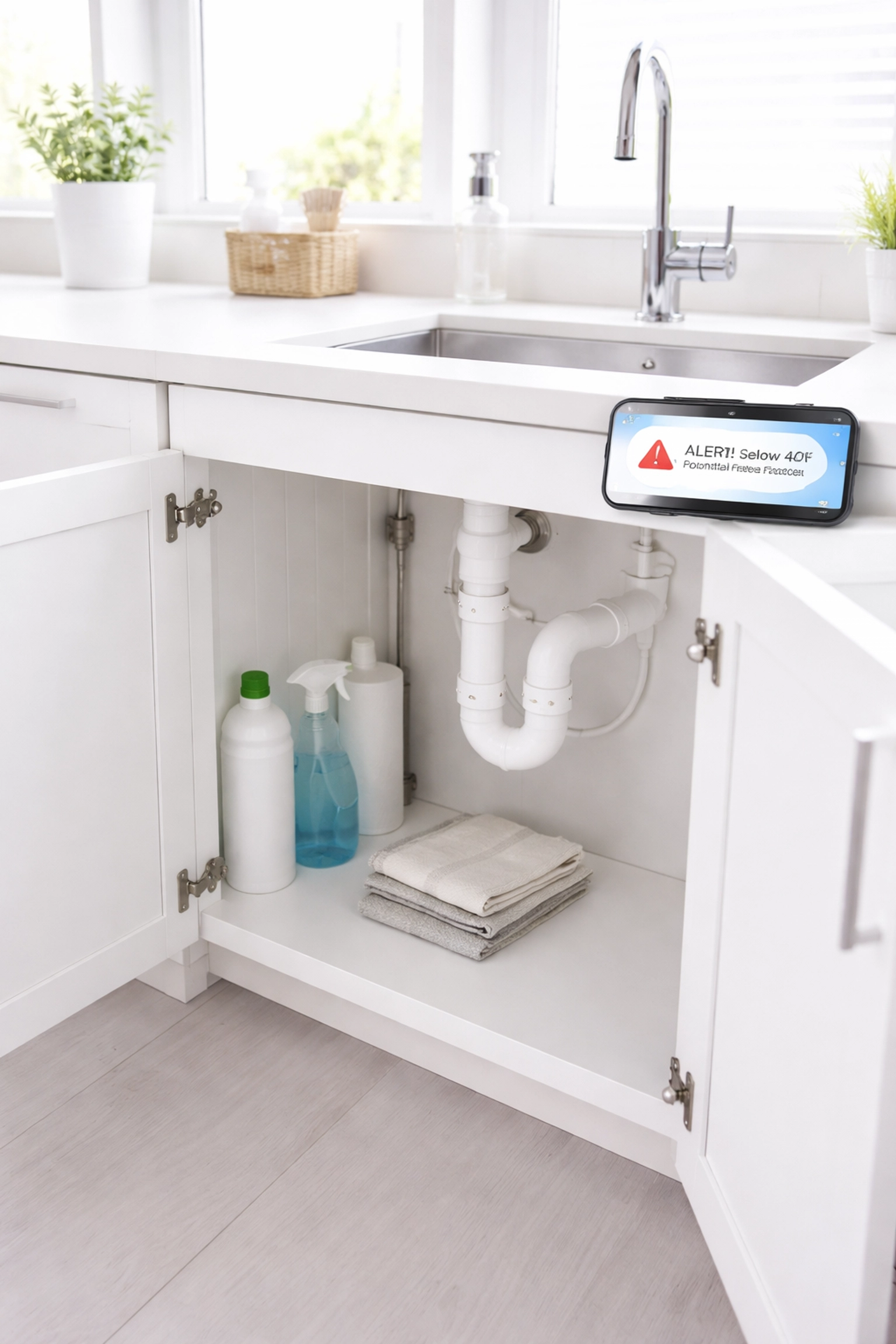 Open kitchen cabinet displaying pipes and a phone alerting to low temperature, showing proactive pipe freeze prevention.