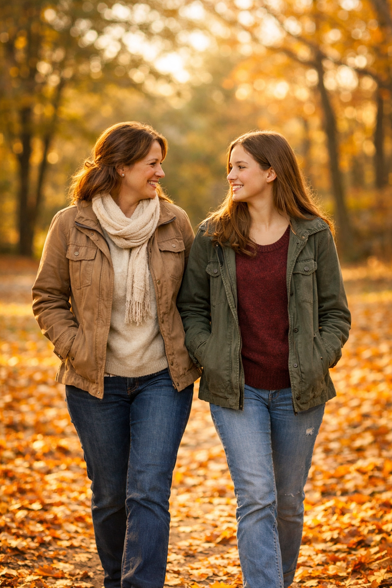 Mother and daughter walking together during a grace-filled conversation about mental health.