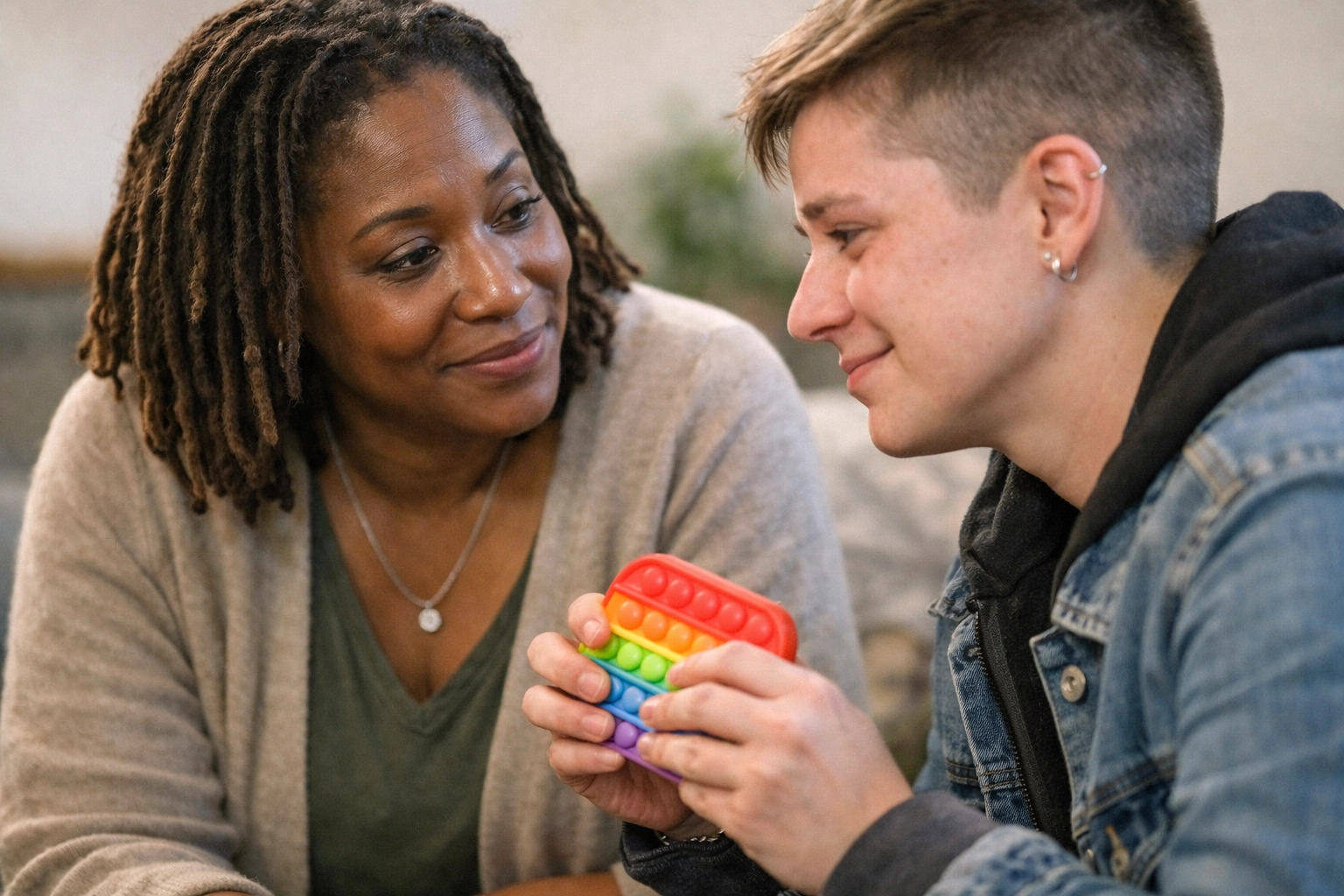 A coach and client share a gentle, understanding conversation, reflecting the power of lived experience and feeling truly seen.