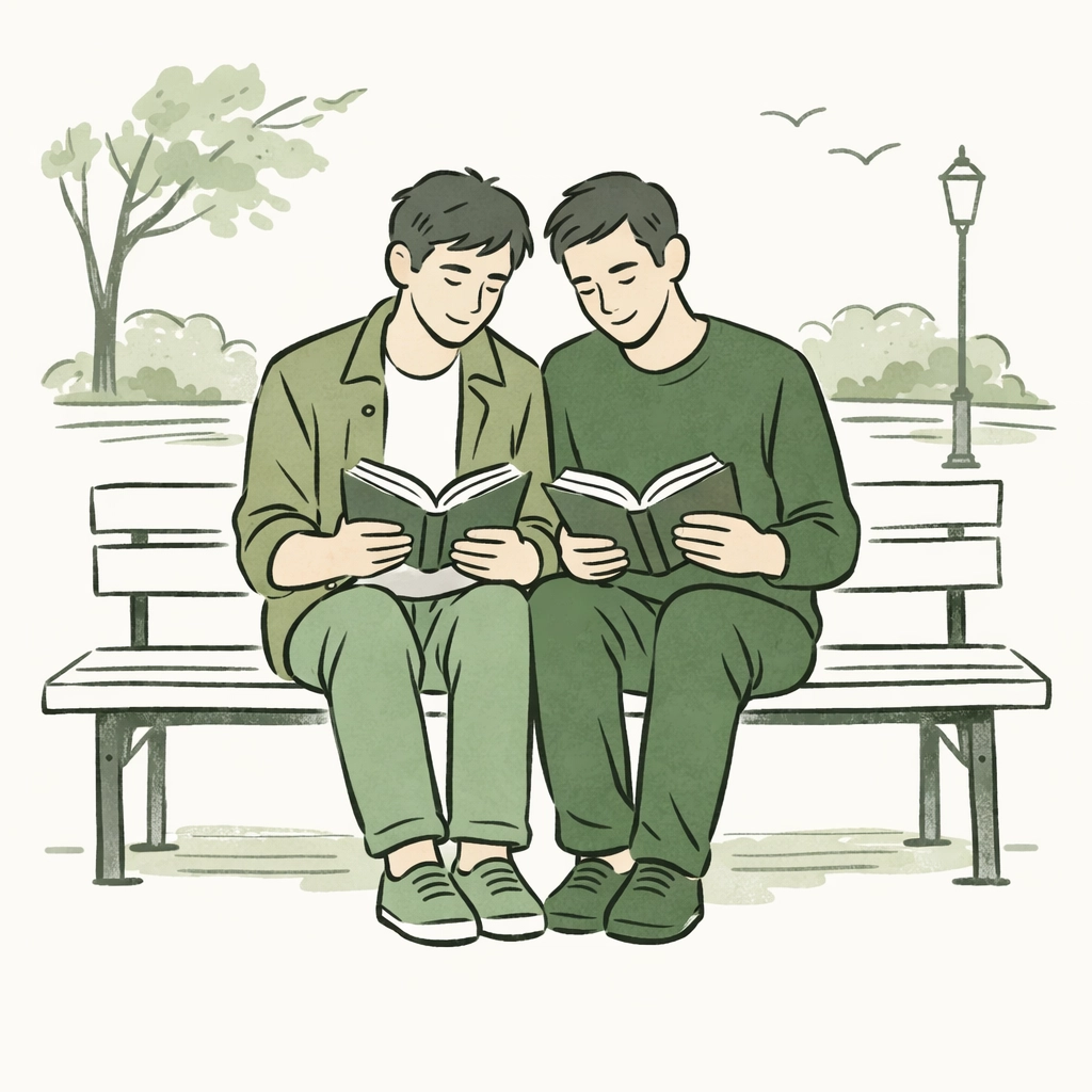 Two men sharing a quiet moment reading books together, symbolizing queer community and new MM romance connections.