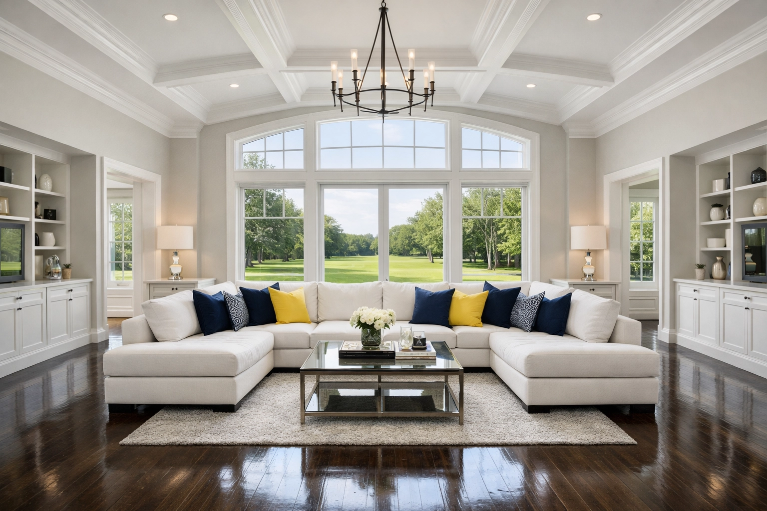Sunlit luxury living room in Natick MA with perfectly polished hardwood floors after a premium cleaning session.