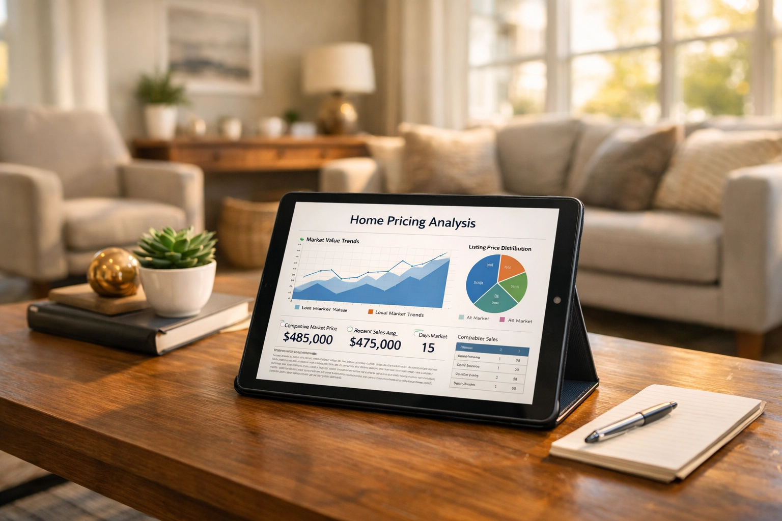 Real estate pricing analysis on tablet in staged Utah home living room