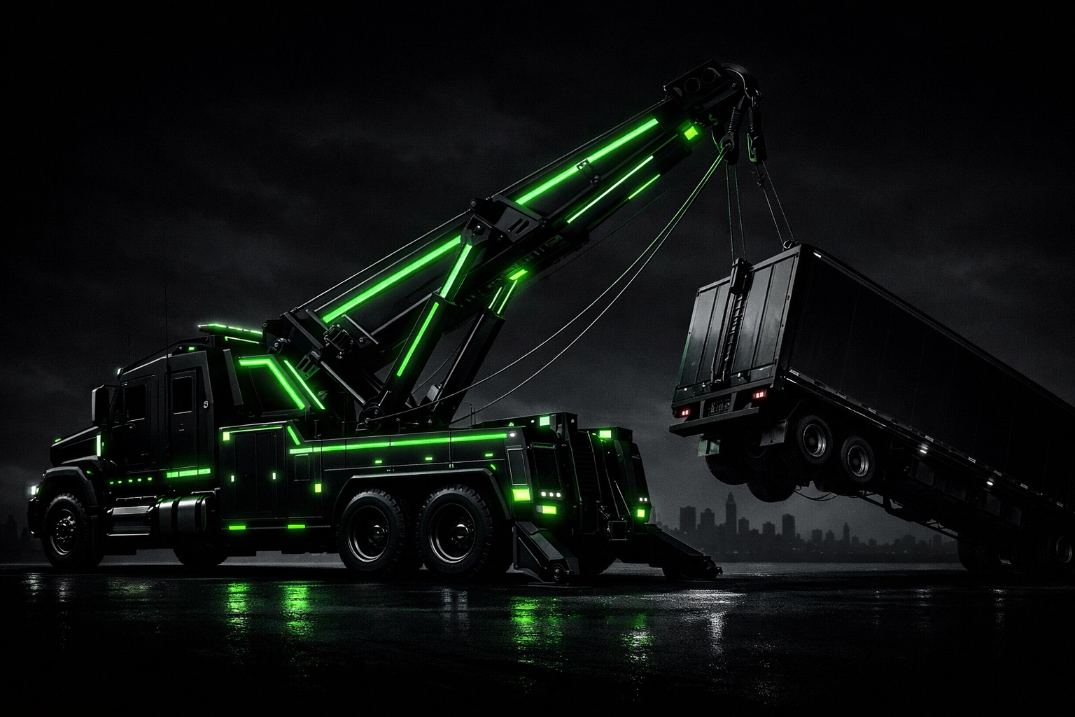 Heavy duty towing wrecker recovery for semi truck trailer in Kansas City at night.