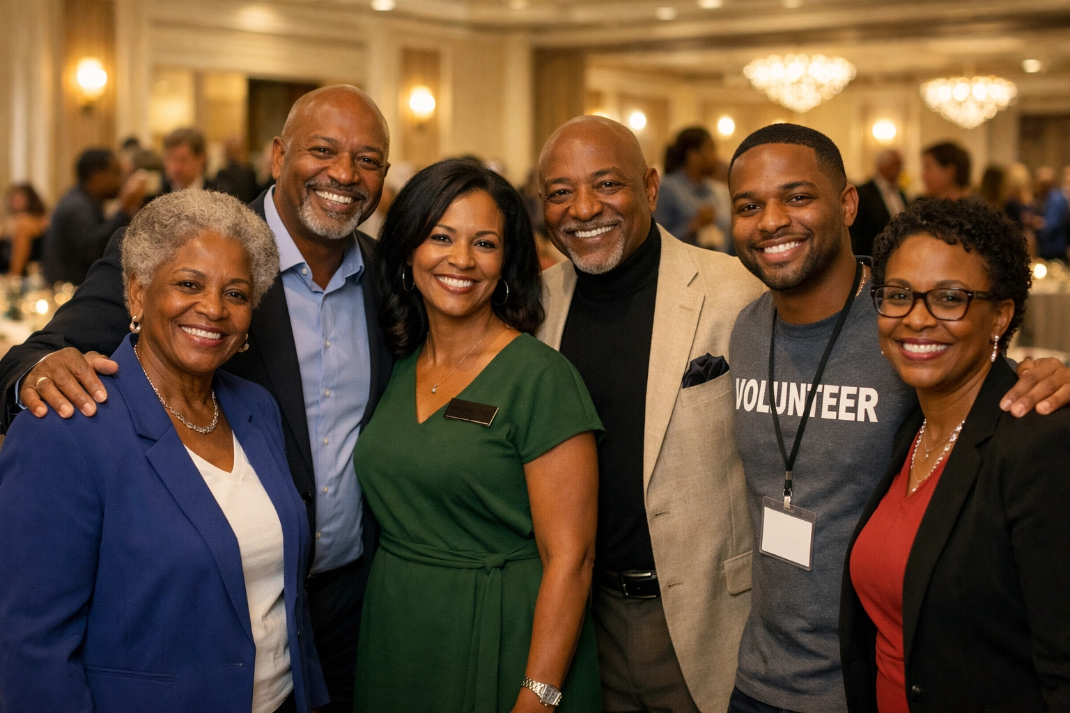 Community leaders and volunteers standing together at an indoor semi-formal fundraiser in a beautiful hall, united to support NJ families.